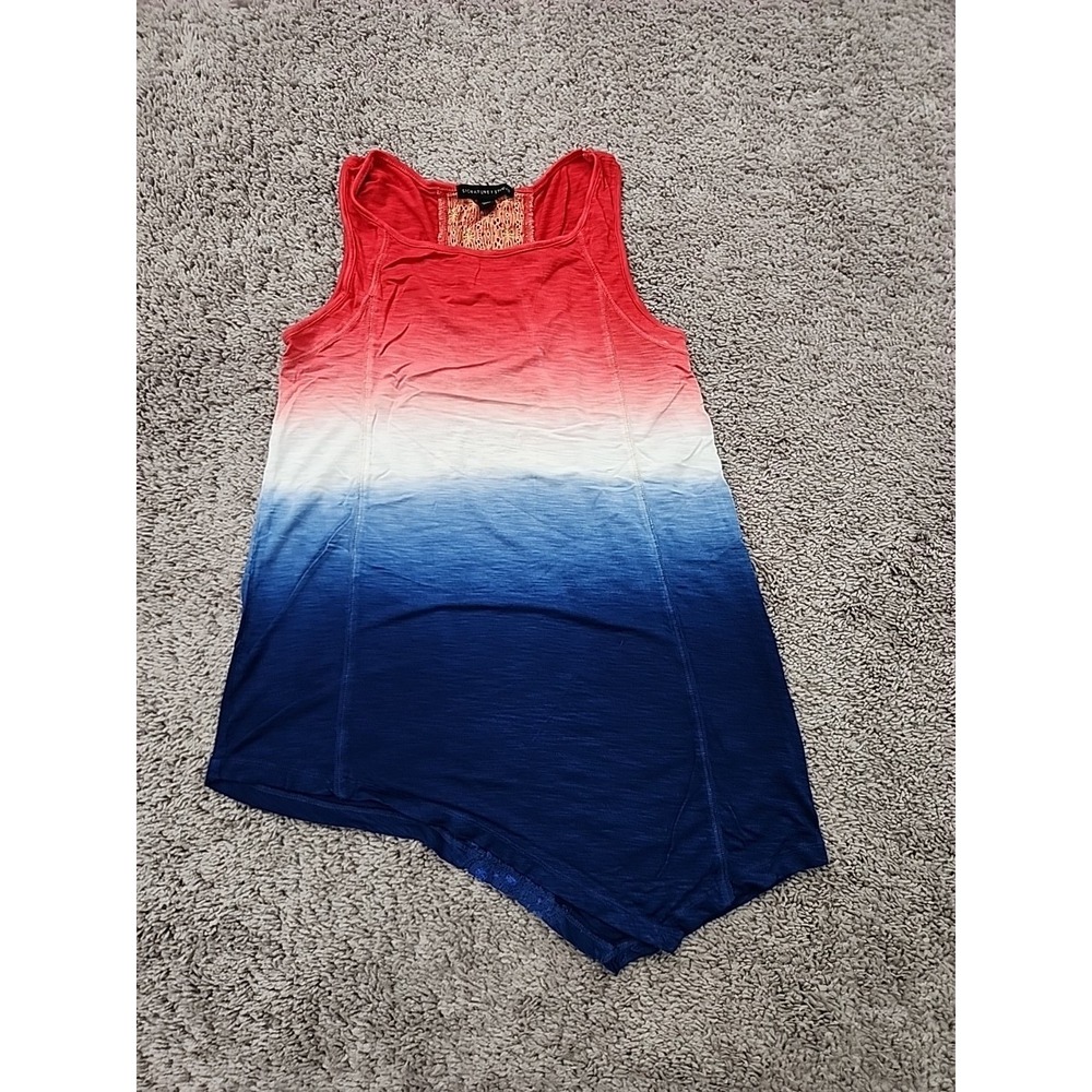 Signature Studio Tank Top Womens S Red White Blue Ombre Lace Boho Asymmetric
